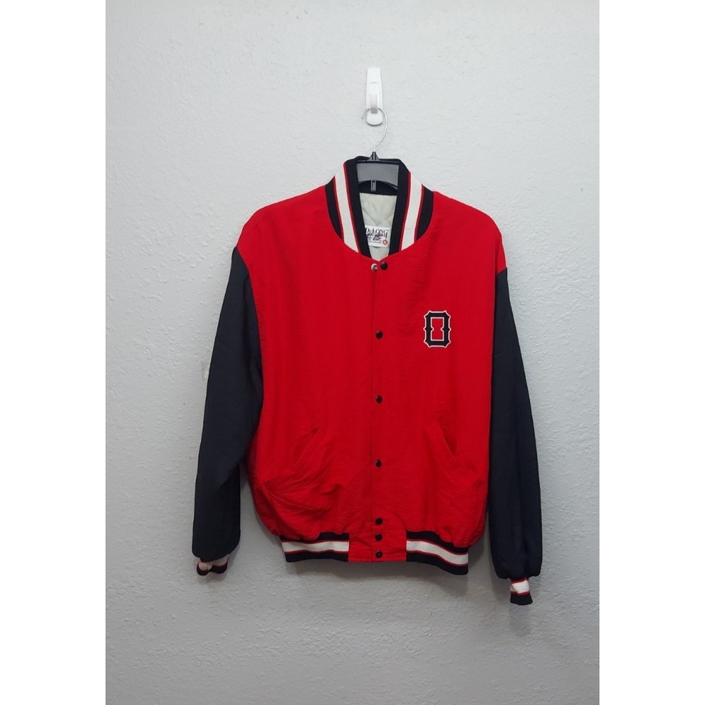 VTG DELONG Varsity Jacket Mens XL Red Black Quilted Lined Nylon 80s Snap USA